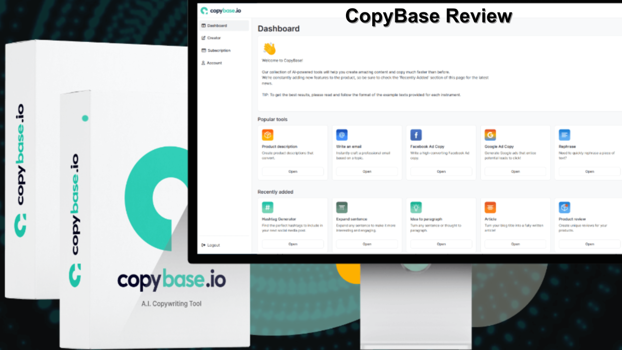 Copybase.io platform interface showcasing SEO tools, copy templates, and collaboration features for writers.