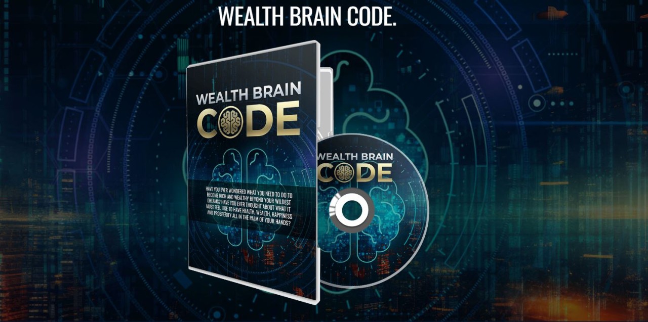 Wealth Brain Code program cover showing hypnosis and wealth attraction techniques for financial success.